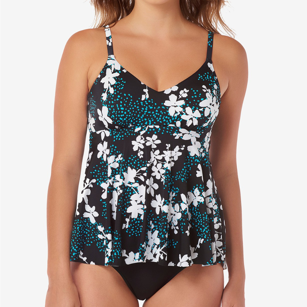 Swim Solutions Garden Confetti Underwire Babydoll Tankini Top Black Multi 8